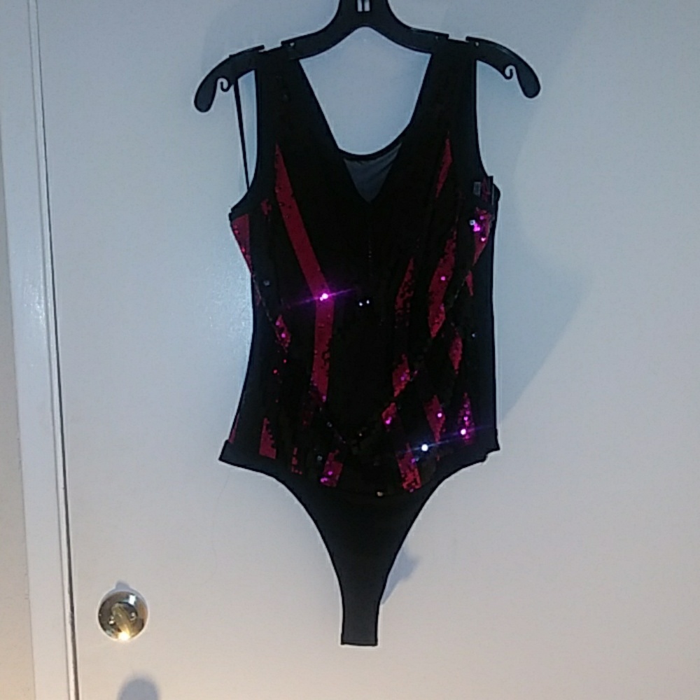 Black And Pink Sequins Bodysuit